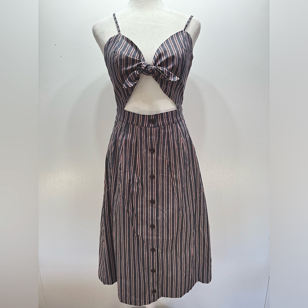 Navy Blue Striped Bare Midriff Coquette Girl Midi Dress by Mo Vint New York